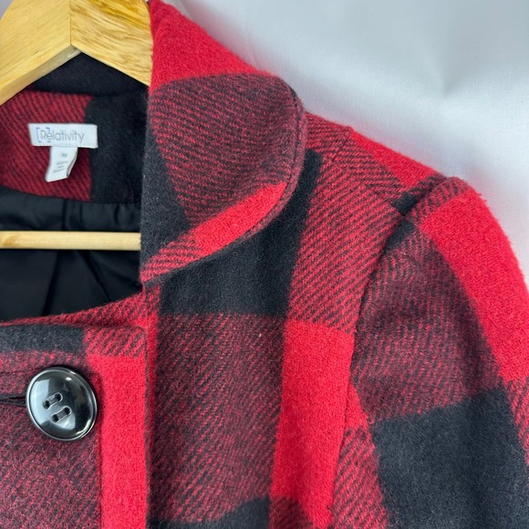 Relativity Red Black Buffalo‎ Plaid Wool Blend Peacoat Jacket PM Petite Medium - Picture 9 of 17